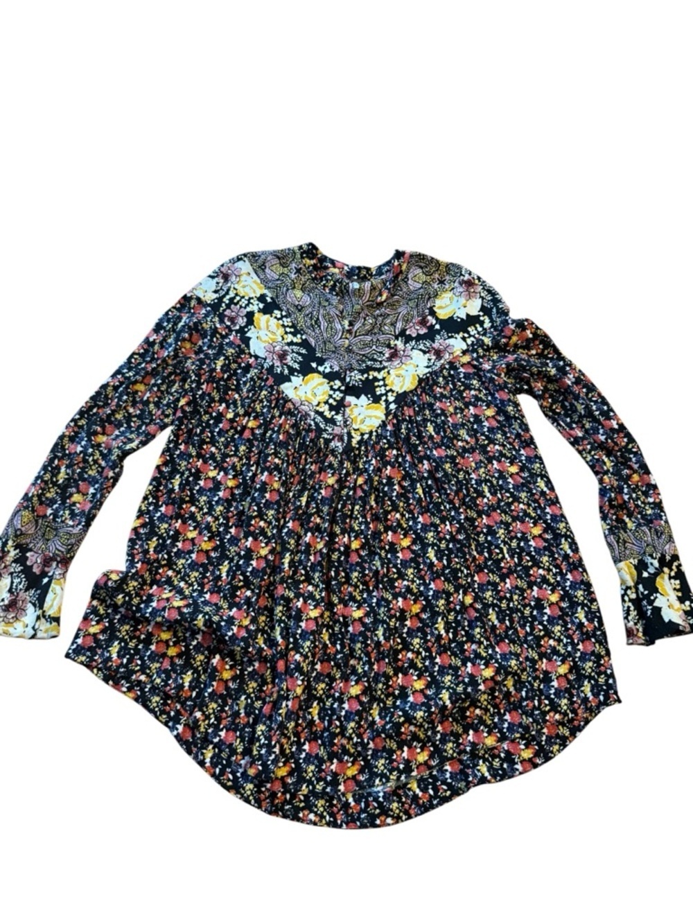 Free people Boho Floral Mixed-Print Long Sleeve Tunic - Black, Yellow, Pink